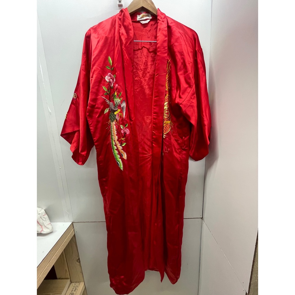 Vintage 70's Golden Dragon Red Silk Robe Hand Embroidered Dragon Phoenix Kimono